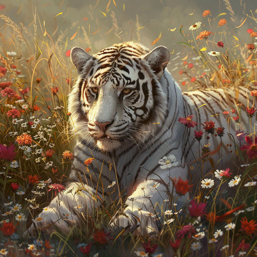 White tiger in a field of wildflowers