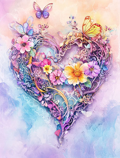 Colorful mandala heart with flowers and butterflies, soft pastel background