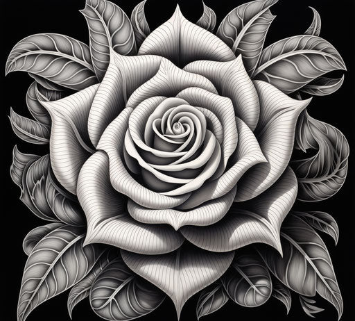 Black and white drawing of a rose in the style of PJ Crook
