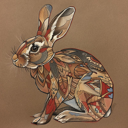 Rustic flat tattoo sketch of a bunny with folk art patterns in earth tones