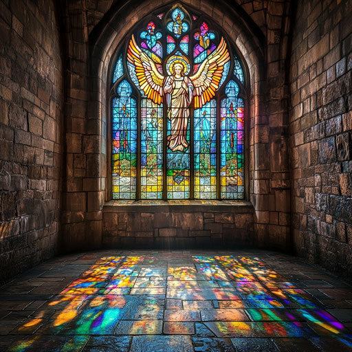 Heralding angel in colorful stained glass, vibrant light on church's stone floor