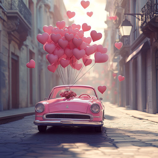 Pink car with heart balloons in romantic urban street