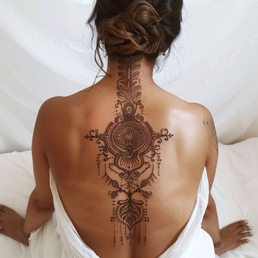 Refined henna-inspired spine tattoo