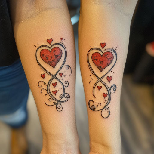 Mother daughter tattoos with matching hearts and infinity symbols