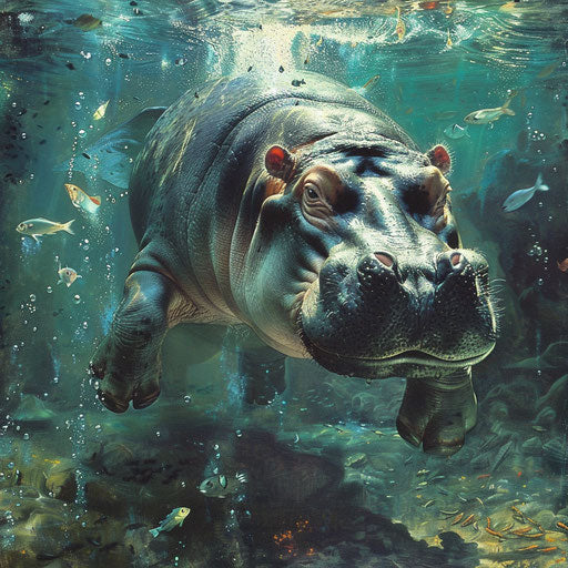 Hippo gracefully swimming underwater with fish flitting