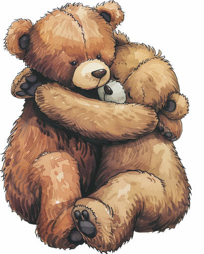 Two teddy bears embrace