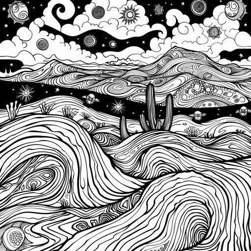 Windy desert: intricate scene in a coloring book