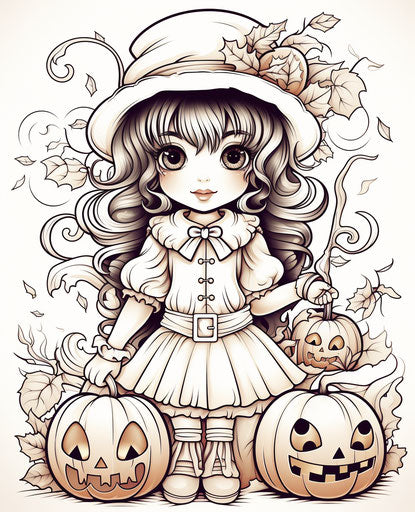 Halloween girl with apples and pumpkins coloring page