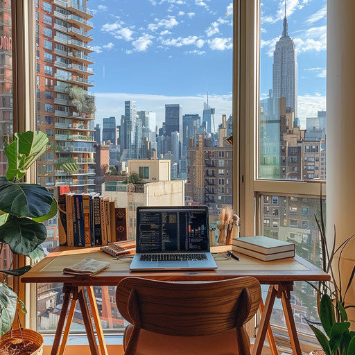 Cozy office nook with city skyline view