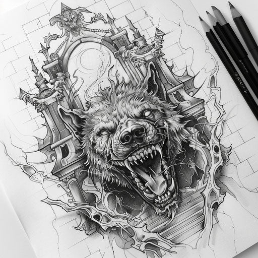 Bold and dark flat tattoo sketch with a hellhound guarding the underworld entrance