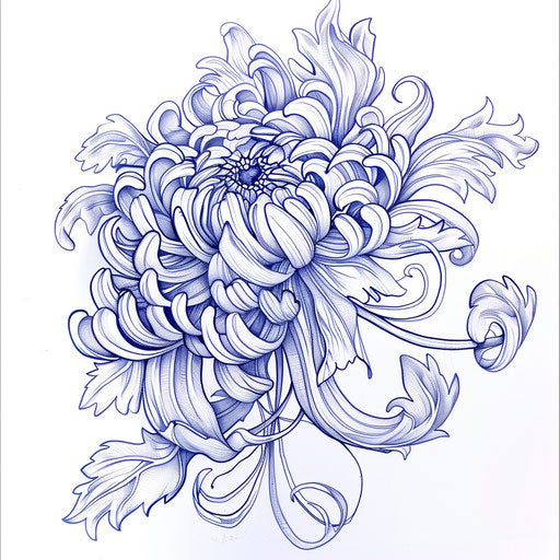 Art Nouveau tattoo design of a chrysanthemum, November birth flower, on white background