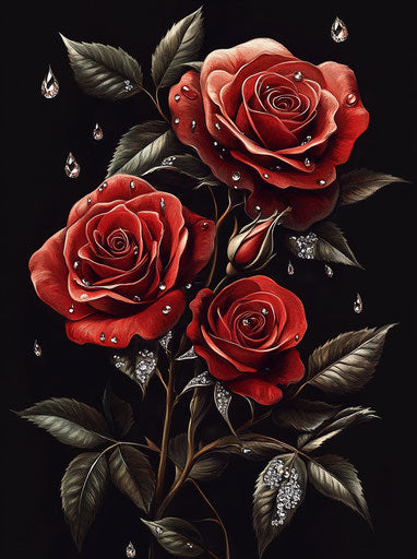 Three red roses with rain drops and diamonds