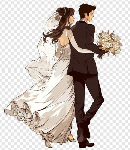Bride and groom with flower bouquet caricature style