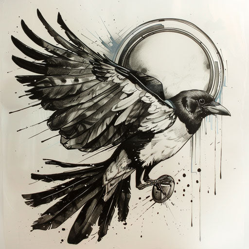 Bold and dark tattoo sketch with a magpie clutching a shiny object