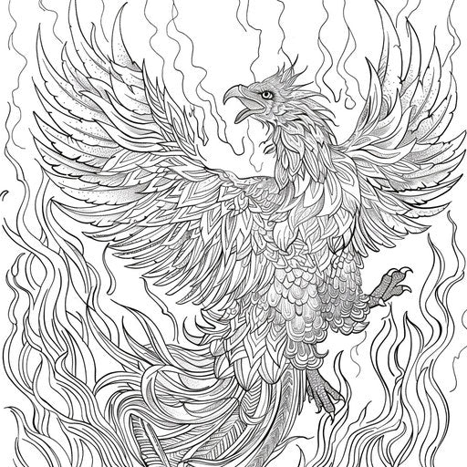 The phoenix rising from the flames. Coloring page