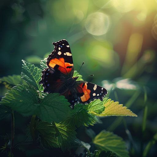 Vibrant red admiral butterfly on a lush green leaf