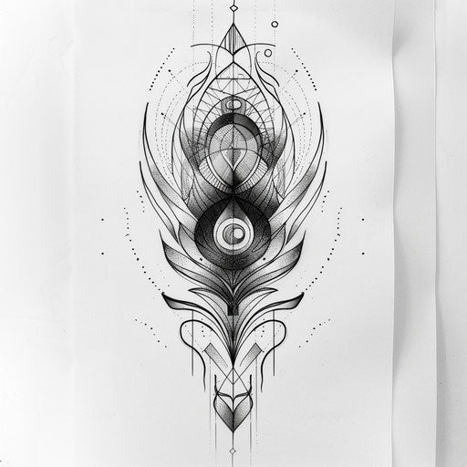 Art deco peacock feather tattoo sketch with geometric shapes