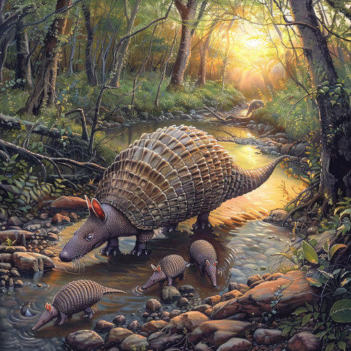A female armadillo guiding her babies across a meandering creek