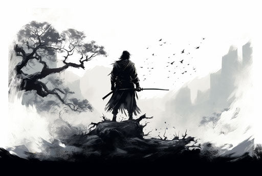 Samurai with a sword, tami bone style, black and white, dreamy watercolor scenes