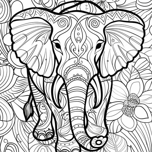 Elephant with abstract shapes and patterns in the style of Jen Bartel Coloring book page