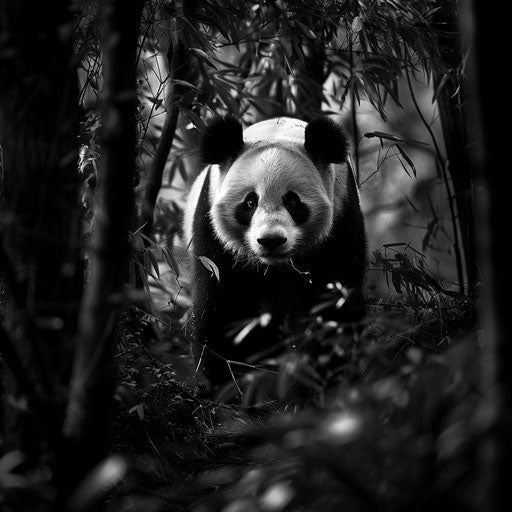 Giant panda in a dramatic monochrome forest