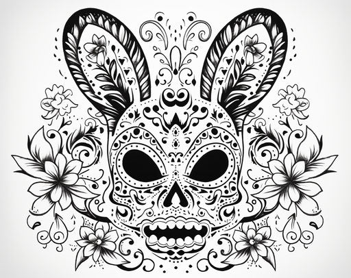 Sweet rabbit skull hand lettered tattoo, pattachitra style