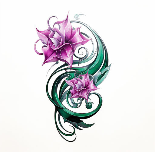 O and p tattoo design, light magenta and dark green style