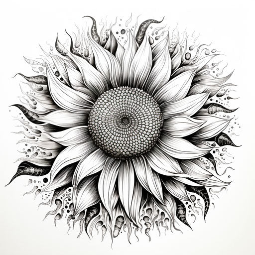 Black and white oblong sunflower on white background, intricate pen illustration style, nature patterns, post-impressionist coloration, fisheye lens