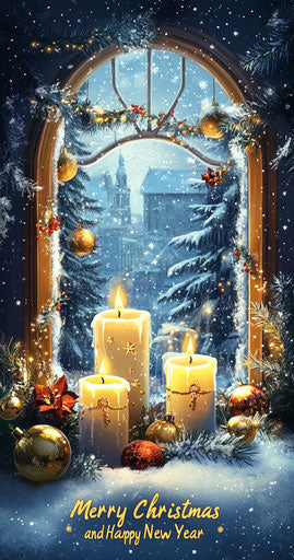 Christmas candles and golden decorations in white snow