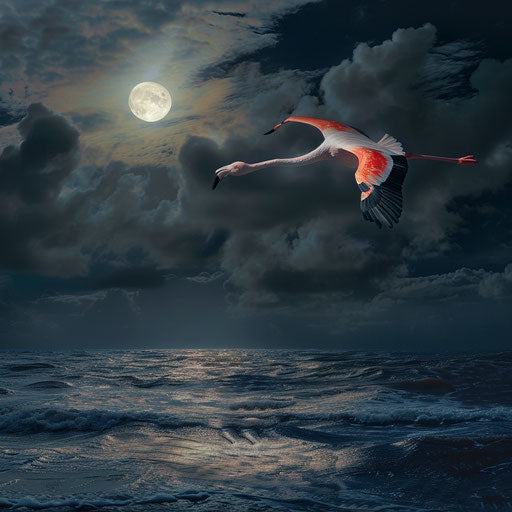 Pink flamingo gracefully flying over a moonlit sea