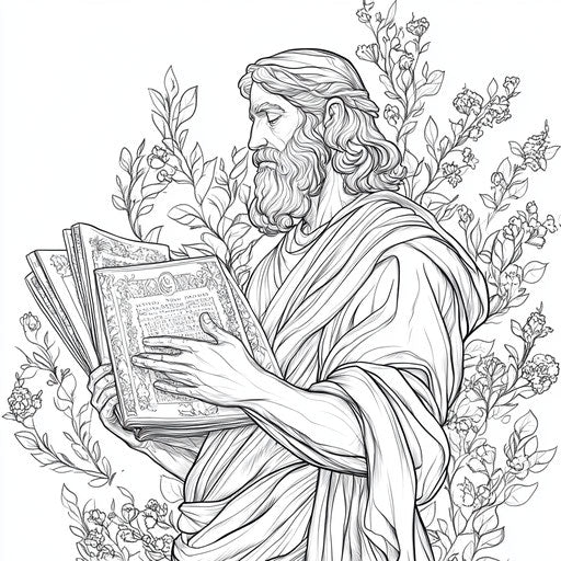 Moses holding the Ten Commandments with floral designs