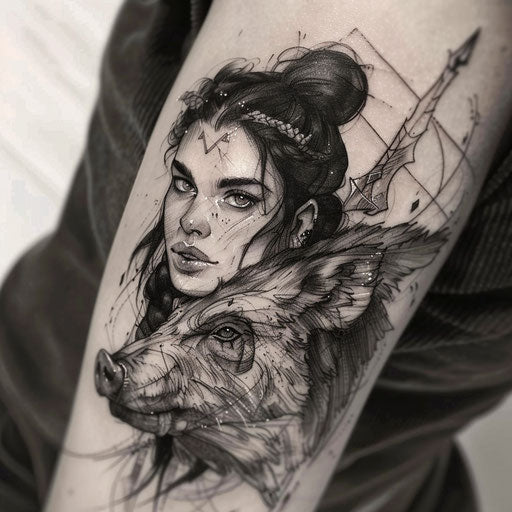 Majestic tattoo sketch with boar companion