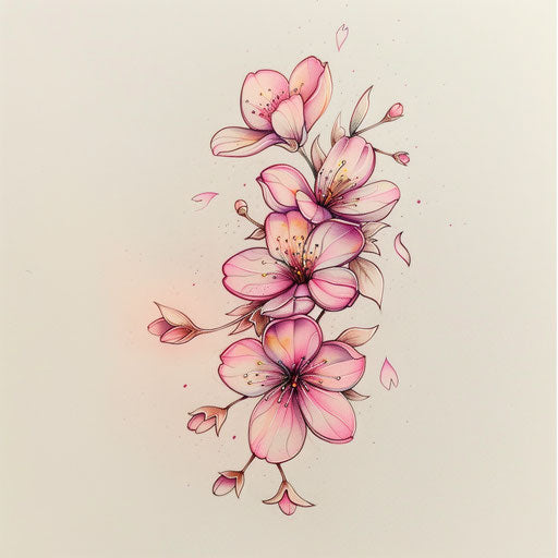 Cherry blossoms with petals in pride colors, delicate flat tattoo sketch