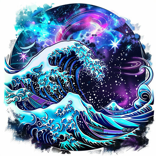 Clipart style tattoo sketch of a Japanese wave with a cosmic theme
