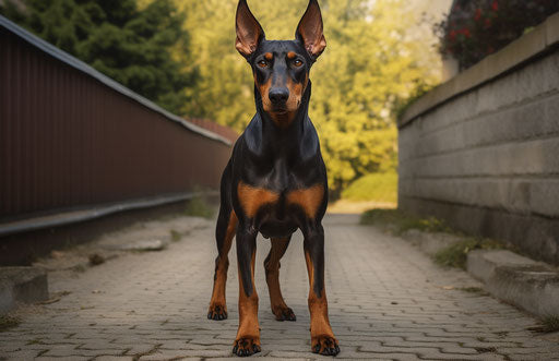 Small black and tan doberman on paved path