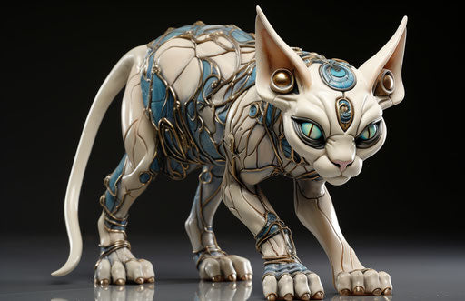 Sphinx cat in blue and beige resin, intricately sculpted