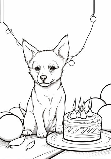 Happy birthday coloring page with cake, balloons and Happy Birthday words, Serra style, wood engraving