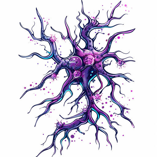 Flat clipart style tattoo sketch of a neuron with bright purple and pink synaptic terminals