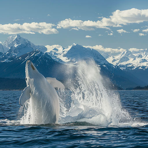 Beluga whale making a splash with snow-covered mountains in the background
