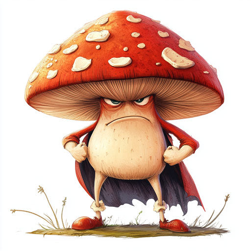 Humorous caricature of a mushroom caricature clipart with human characteristics, exaggerated googly eyes, thin arms, with a cape, vibrant colors, cartoon style, angry, high-resolution, no background, isolated