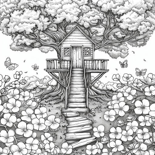 Treehouse surrounded by blooming trees