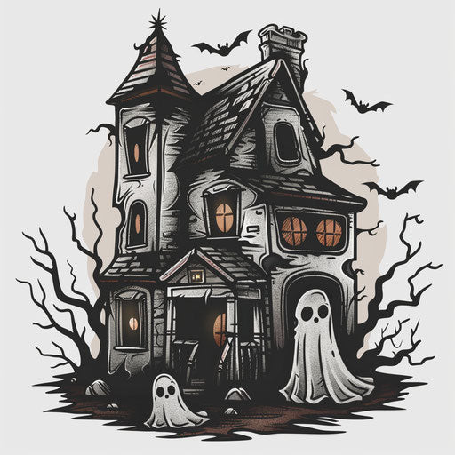 Eerie flat tattoo sketch of a haunted house with ghosts