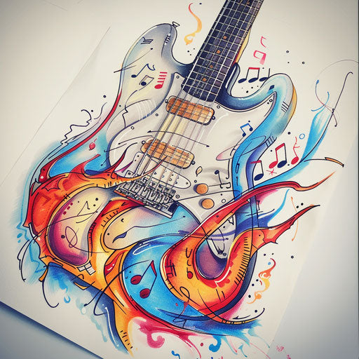 Electric guitar with musical notes and flames tattoo