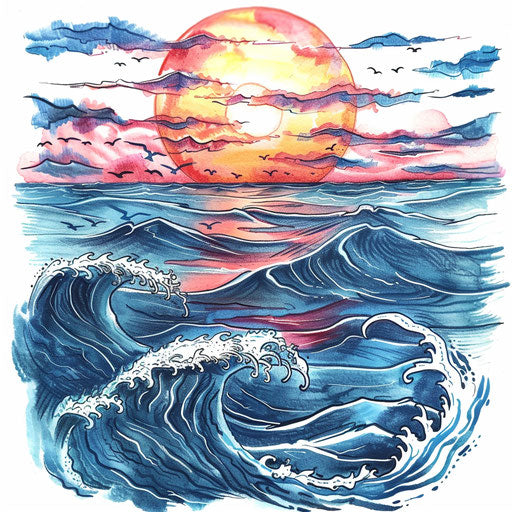 Artistic interpretation of a sunset over the ocean waves