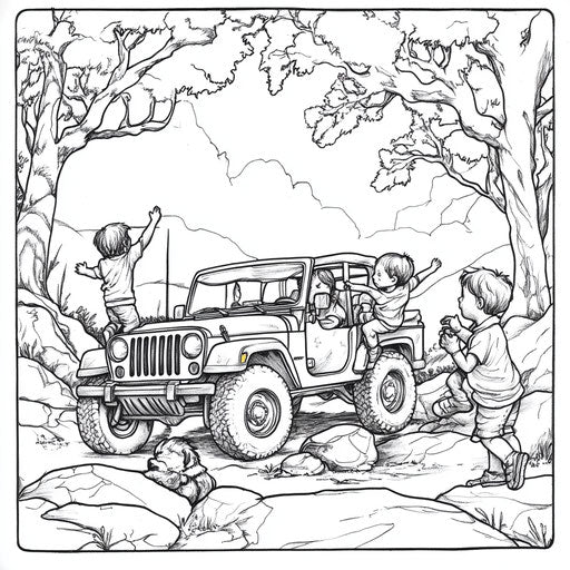 Children playing around a jeep, in the style of Mindy Sommers, coloring book page