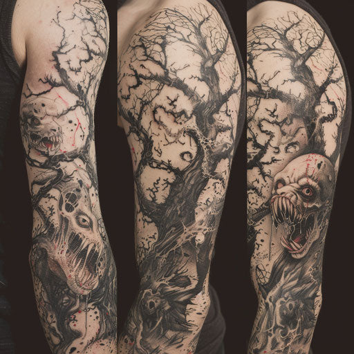Sleeve tattoo of twisted and eerie creatures