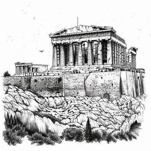 Detailed depiction of the Acropolis as tattoo on white background