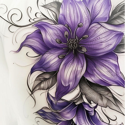 Detailed violet floral tattoo on white background.