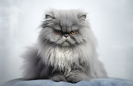 Persian cat on white canvas, dark silver and light indigo style