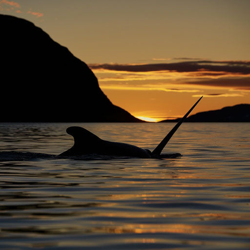 Silhouette of narwhal at dusk, its tusk illuminated by the setting sun